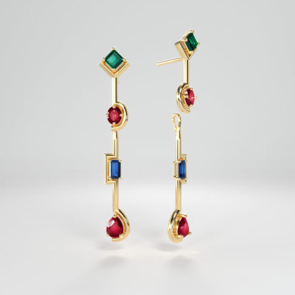 Two in One Earrings - Long earrings 2 in 1 design in yellow, white or pink gold with rubies, sapphires and emeralds - (9ct/14ct/18ct)