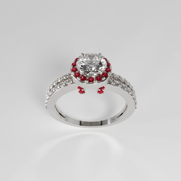 “Forever” Engagement Ring in 18ct white gold set with a central diamond and side rubies and diamonds