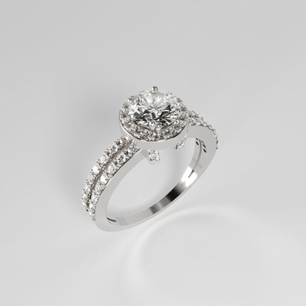 “Forever” Engagement Ring in 18ct white gold set with a central diamond and side diamonds, Side profile