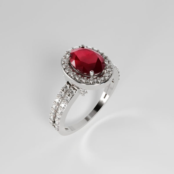 “Forever" Engagement Ring in18ct white gold set with an oval ruby and side diamonds. Side view