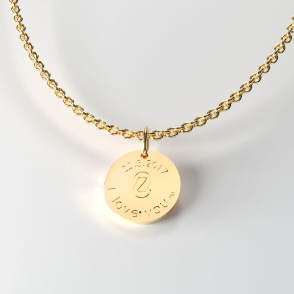 example of back of round gold tag, with inscription and date. Available in 9,14,18 carat gold