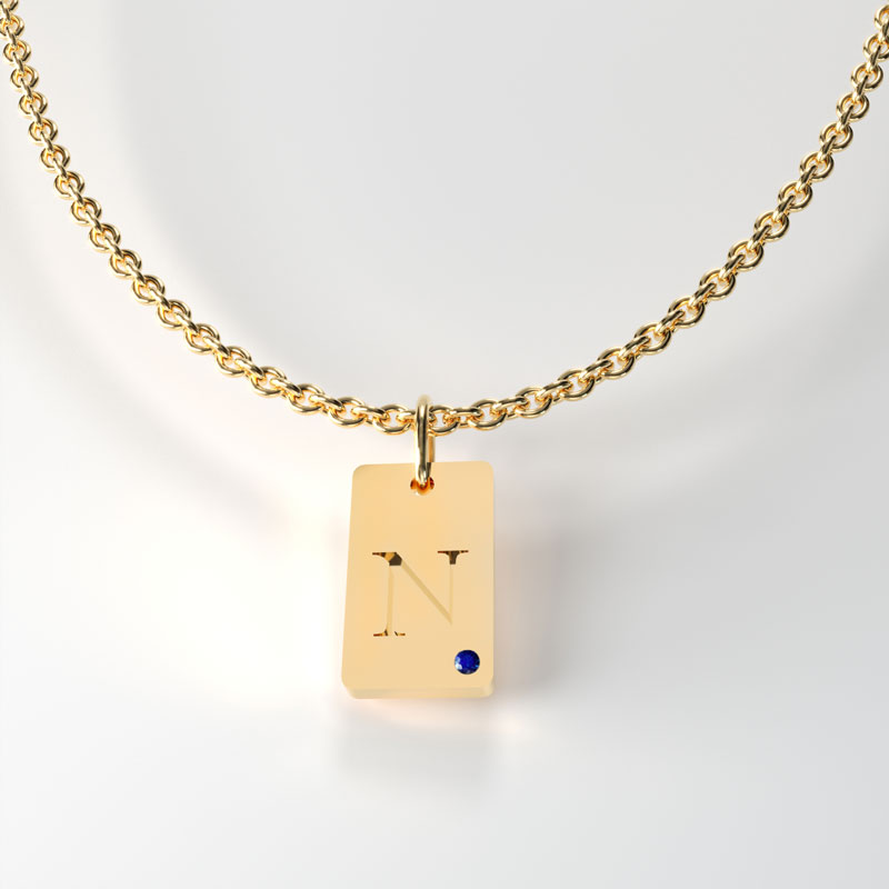 Gold square Shaped tag, with sapphire. Available in 9,14 and 18 Carats